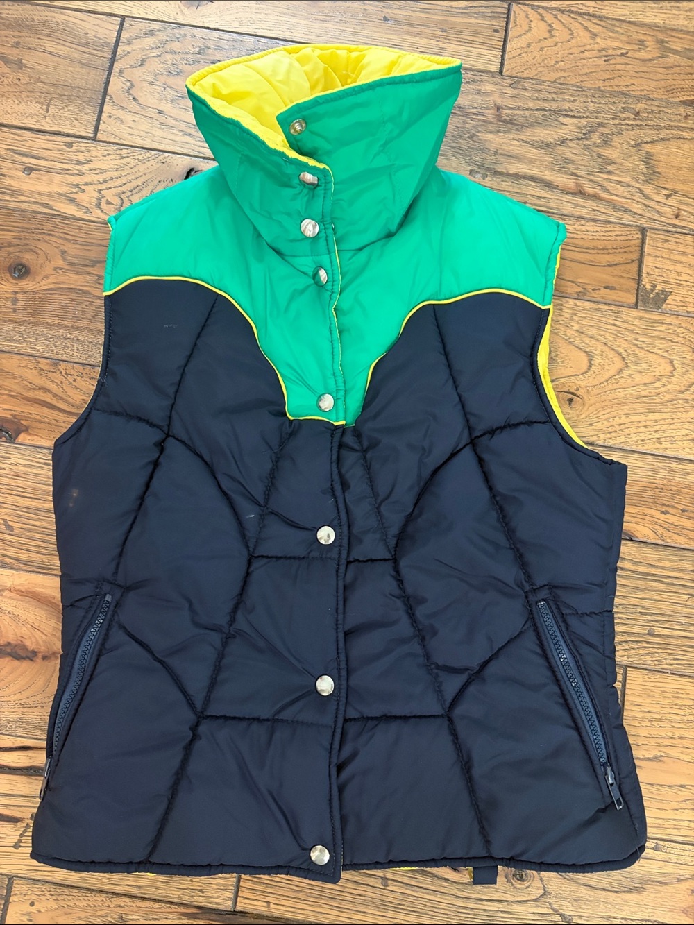 Colorblock Quilted Vest in Black, Green & Yellow - Women's